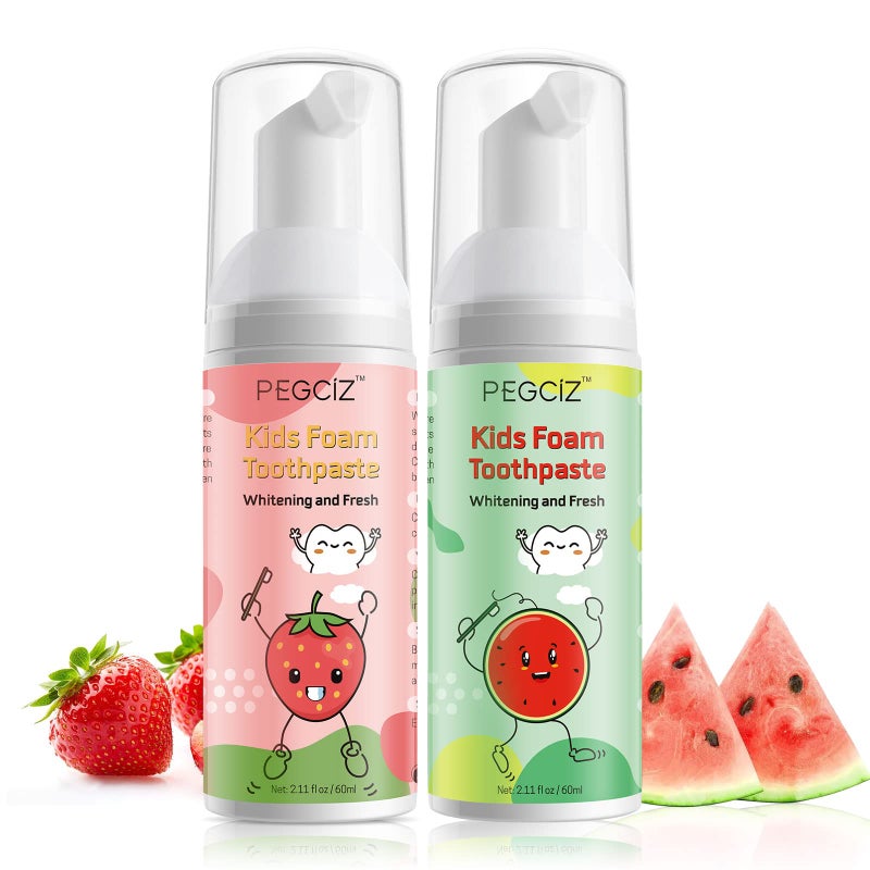 Whitening Foam Toothpaste Kids with Low Fluoride & Natural Formula to Reduce Plaque, Children Foaming Toothpaste for U Shaped & Electric Toothbrush (Strawberry & Watermelon)